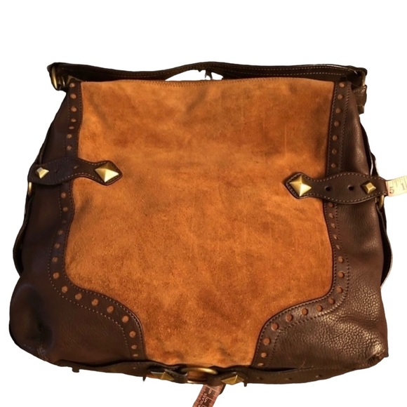 Micheal Kors size X- large brown suede bag brass studded leather fringe - Picture 3 of 16